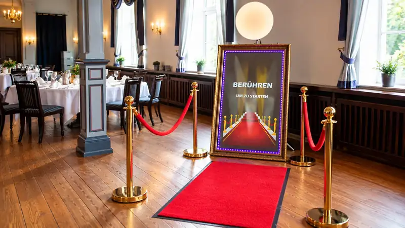 Fotospiegel im Barockrahmen mit der Aufforderung zum Berühren, davor roter Teppich und goldene Absperrständer in einem festlich eingedeckten Saal