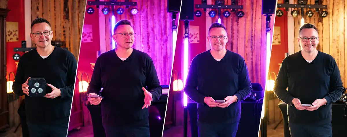 Markus Schumacher viermal vor seinem Lichtaufbau: mit einem Akku-Spot in der Hand und in vier verschiedenen Lichtstimmungen von Pink über Violett bis warmes Gold