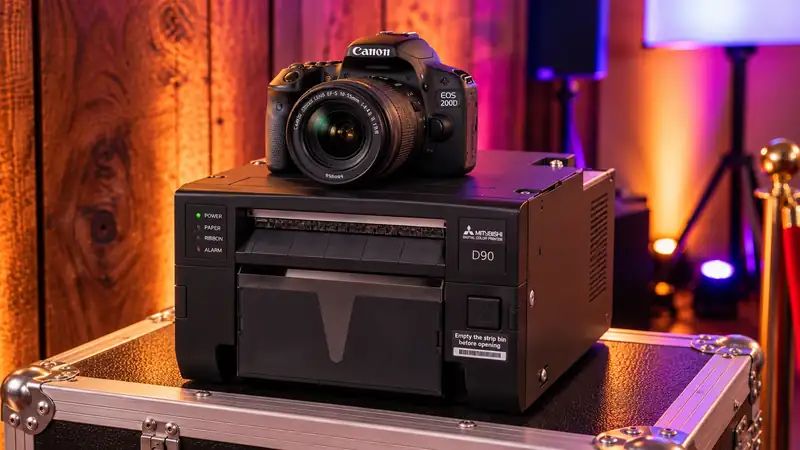 Canon EOS 200D Spiegelreflexkamera auf einem Mitsubishi D90 Fotodrucker, beides Teil des Fotospiegels