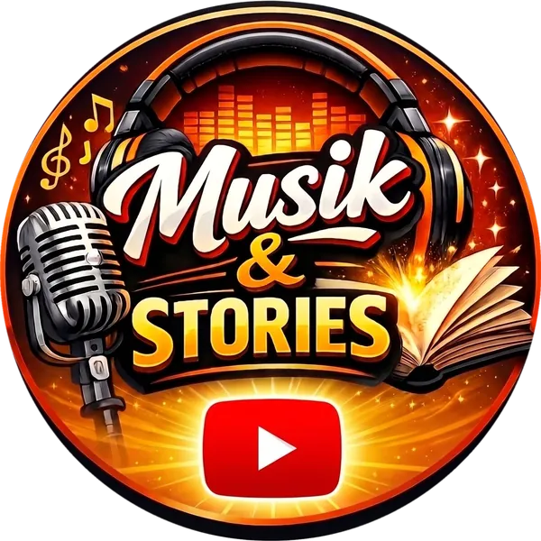 Logo des YouTube-Kanals „Musik und Stories“ mit Mikrofon, Kopfhörern und aufgeschlagenem Buch